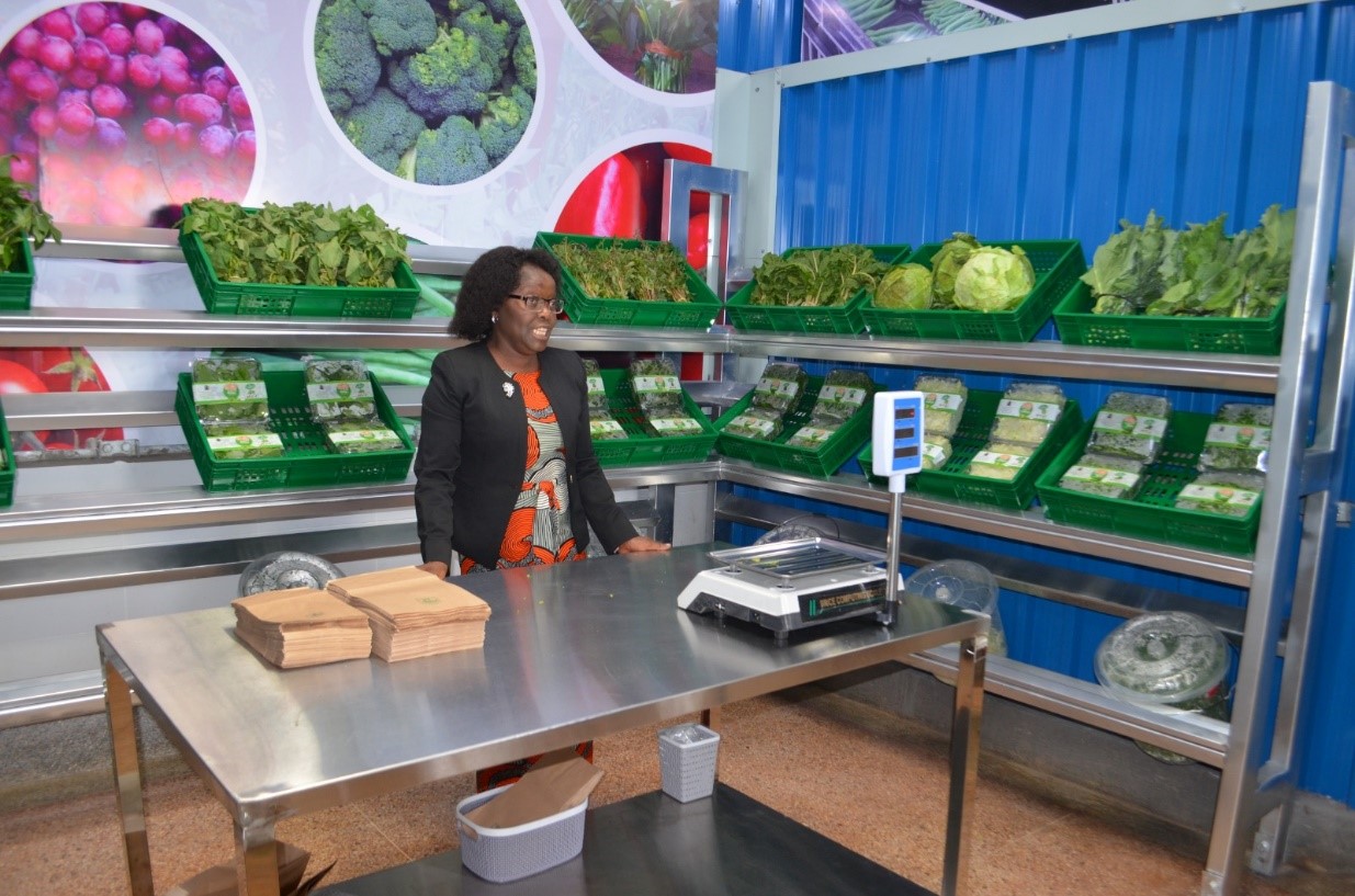 Prof. Ambuko, the project coordinator explains the displayed vegetables in various forms – bunched, plucked loose leaves and plucked vegetables packaged in branded punnets 
