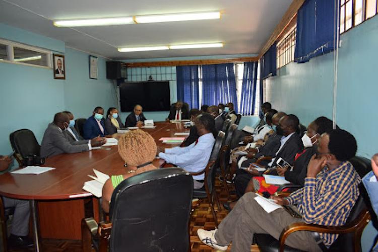 The Vice Chancellor, Prof. Stephen Kiama and the Managing Director, Elgon Kenya Limited, Dr. Bimal Kantaria  meeting members of the project committee