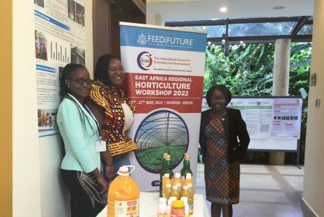 Dr. Penina Yumbya, Ms Roberta Blankson (ICED) and Prof. Jane Ambuko at the UON Exhibition